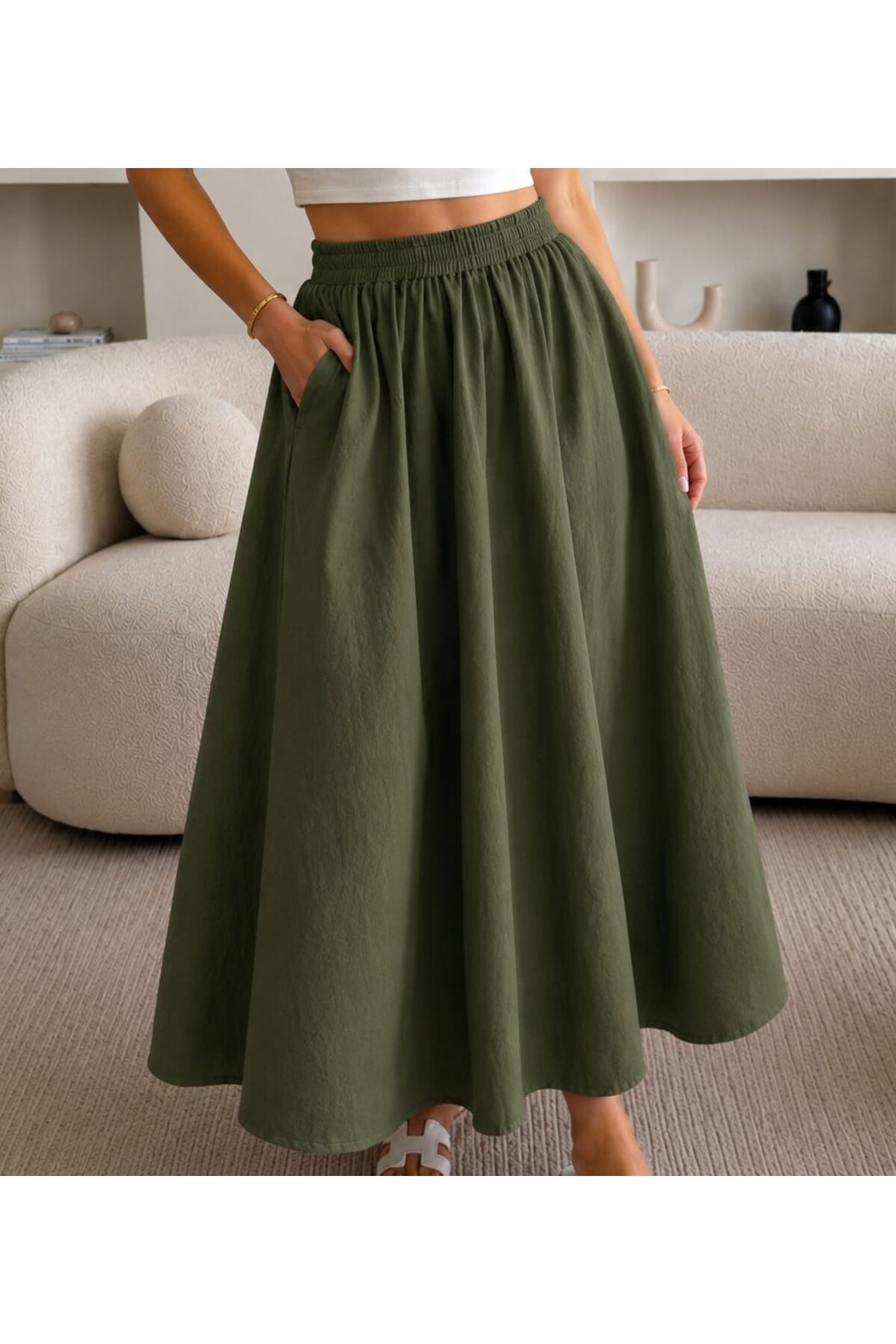 Gülmude Çift Cepli Poplin Kumaş Beli Lastikli İç Göstermez Maxi Etek (90 CM) görsel 3