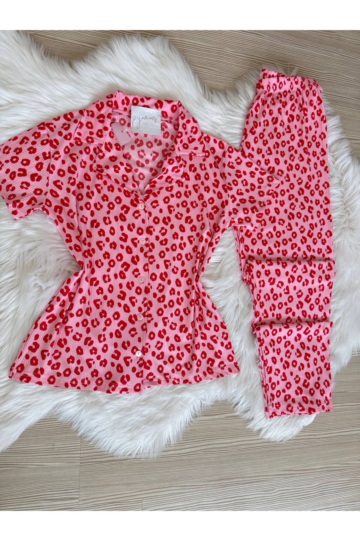 Pijamacs Kırmızı Leopar Desenli Kısa Kol Pegasus Pijama Takımı görsel 6