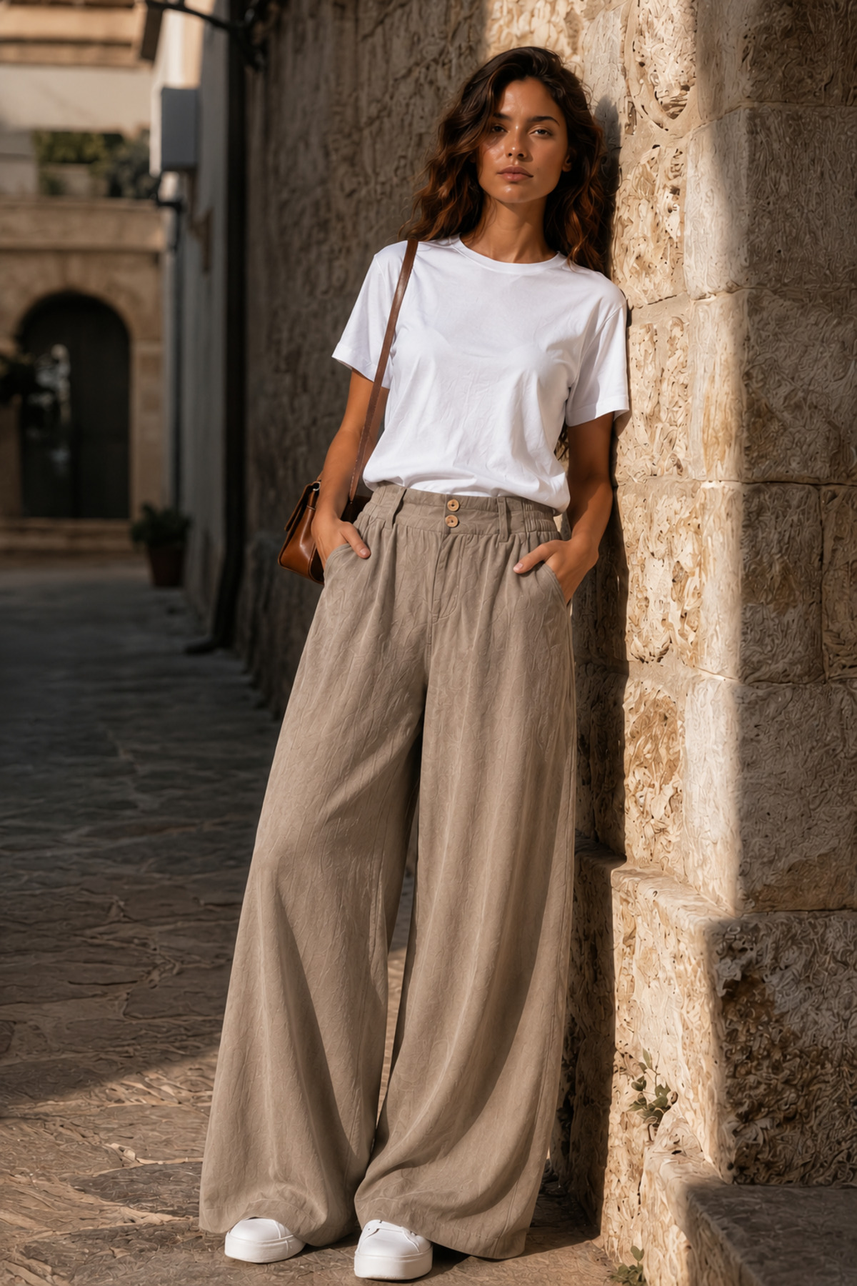 Denvy Denim Kadın Sütlü Kahve Çift Düğme Detaylı Palazzo Pantolon