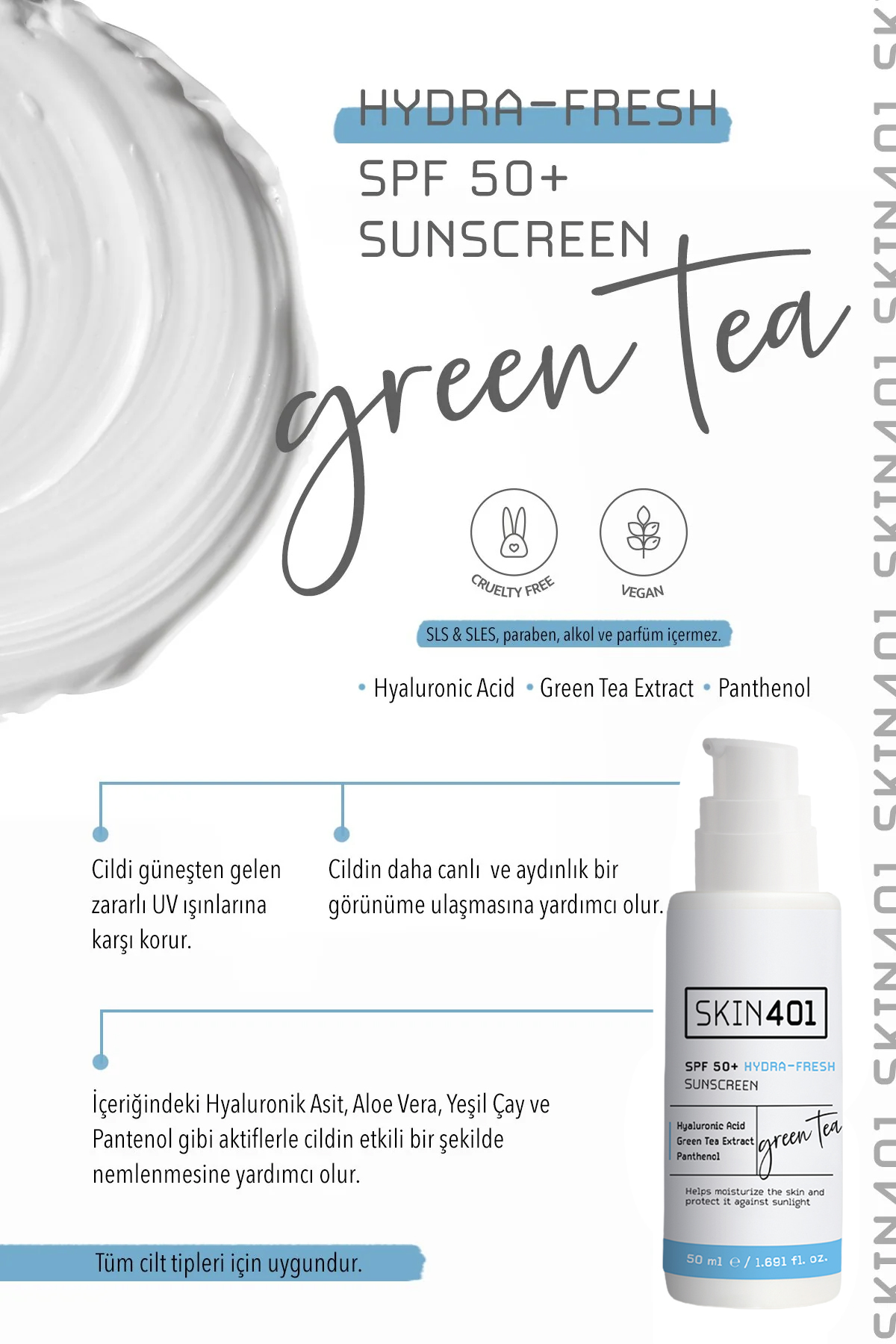 SPF 50+ Hyalüronik Asit + Aloe Vera Nemlendirici Yüz Güneş Kremi 50 ml – Hafif Yapılı, Beyaz İz Bırakmayan — Skin401-301 — تصویر 7 از 8