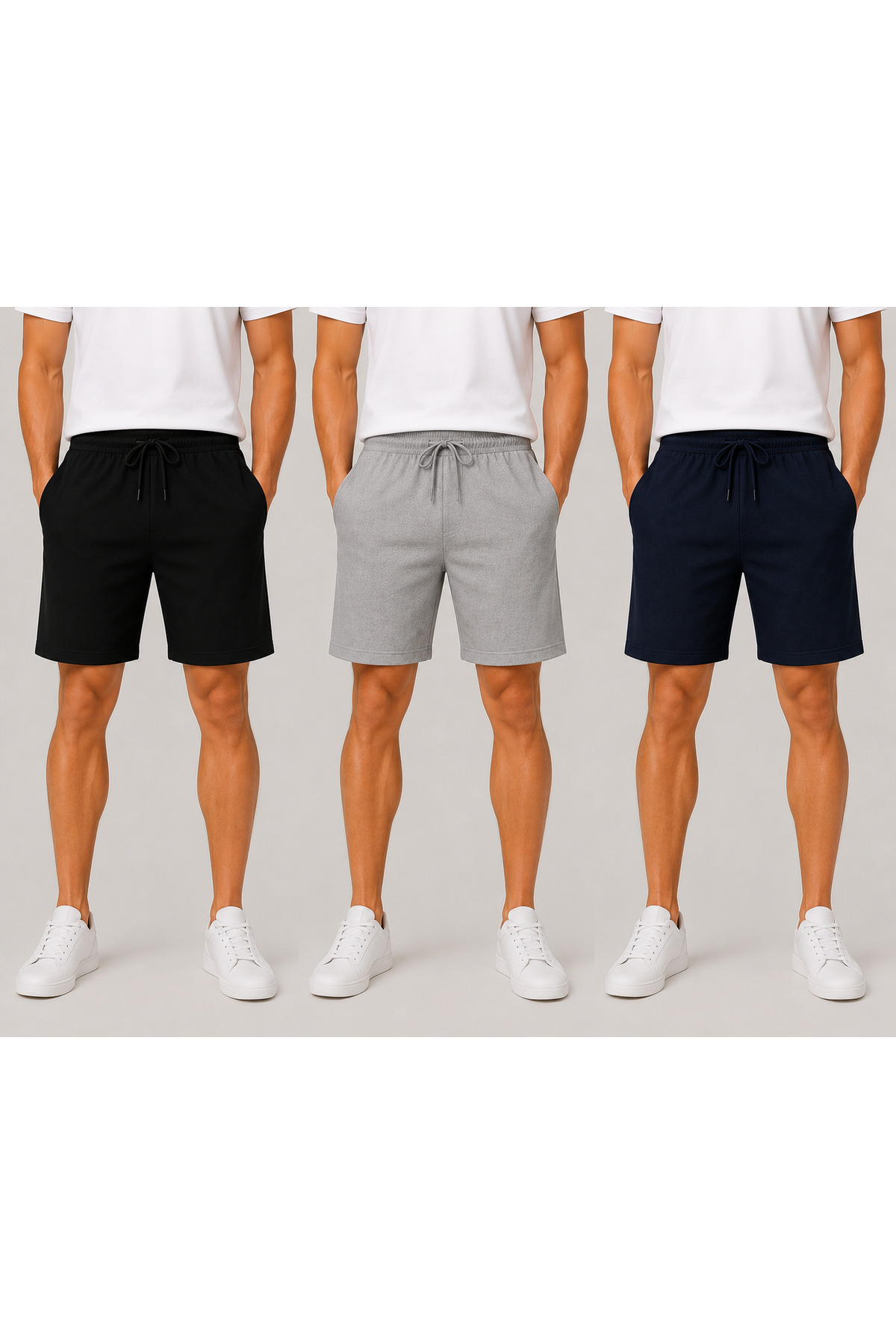 Generic Brands Men's Summer Sports Shorts Set of 3 Black Gray Navy Blue Comfortable Fit Anti-Sweat