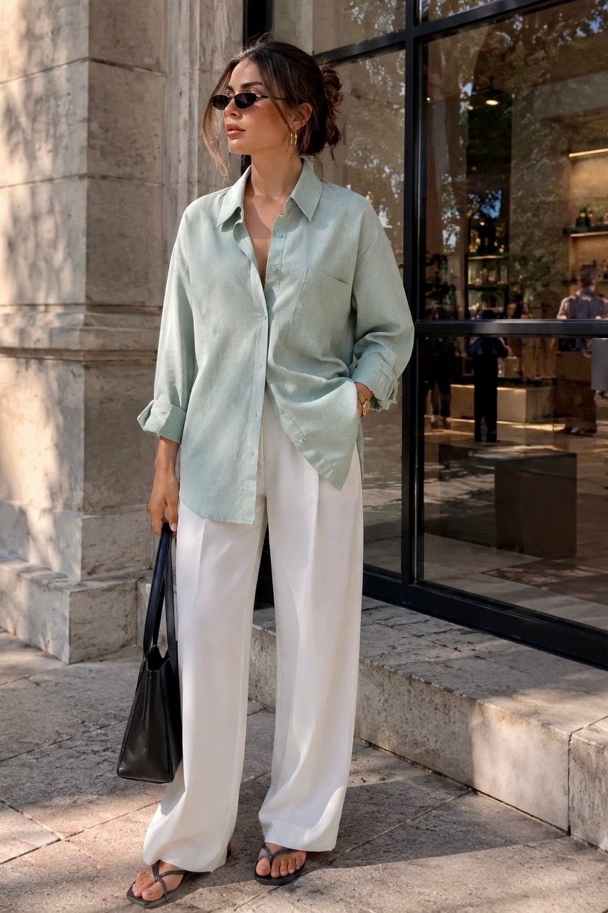 bb butik basic Oversize Keten Dokulu %100 Pamuk Tek Cepli Salaş Gömlek BB-KU3435 görsel 3