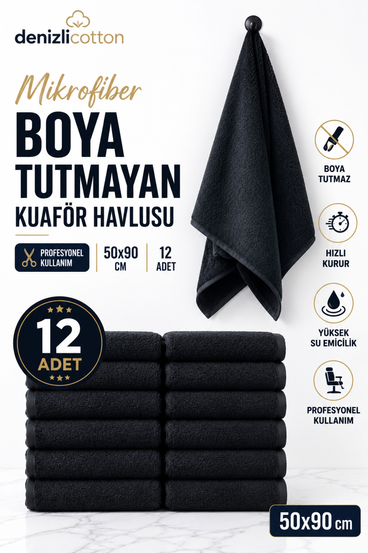 Hair Dye-Free Microfiber Hair Towel for Hairdressers 50x90 cm 12-Piece Set Black