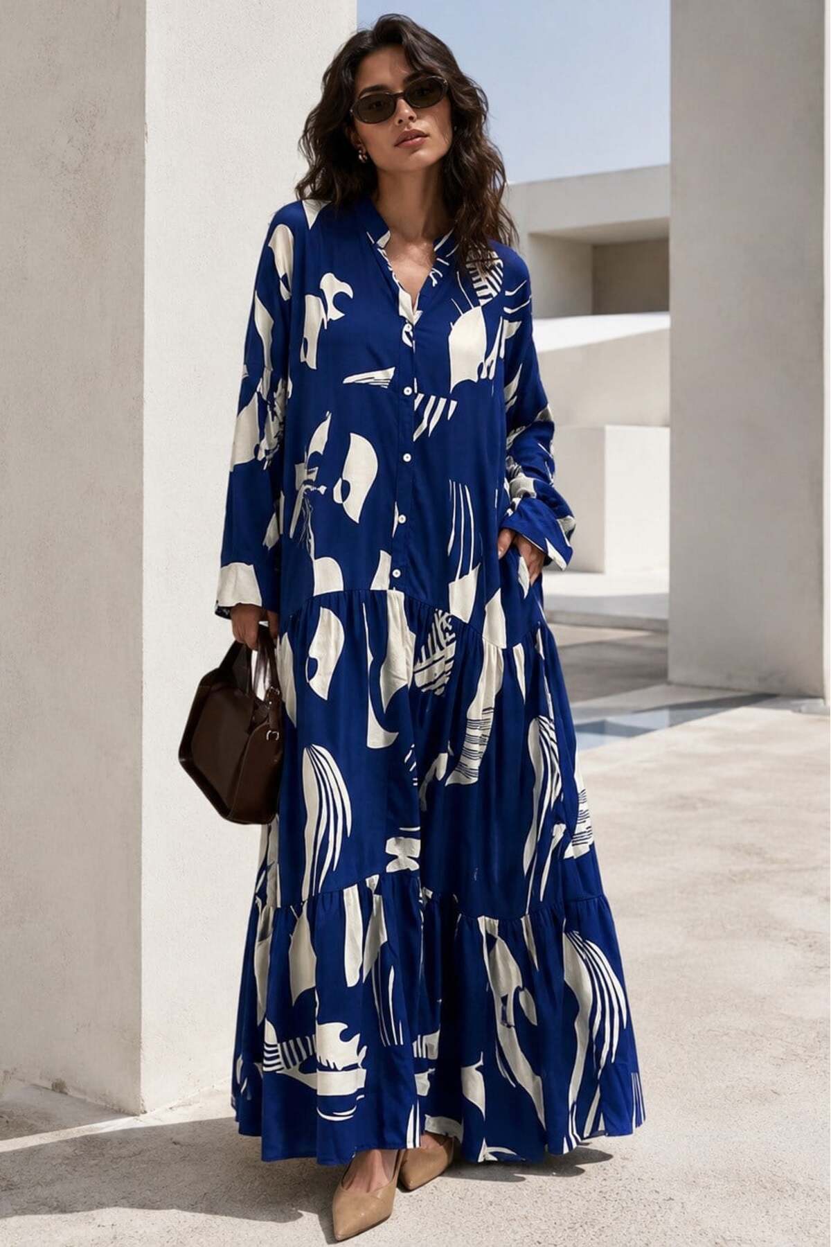 Madmext Navy Blue Print Button Long Sleeve Dress Mg2391