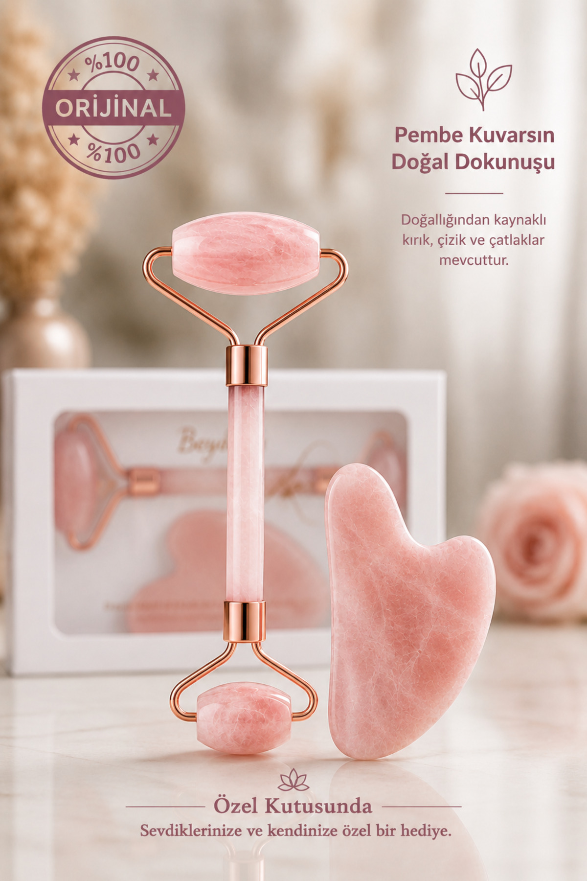 Pembe Kuvars Roler ve Pembe Kuvars Kalp Gua Sha Yüz Masaj Aleti Seti — صورتی BYZ-PMB-SET — تصویر 2 از 5