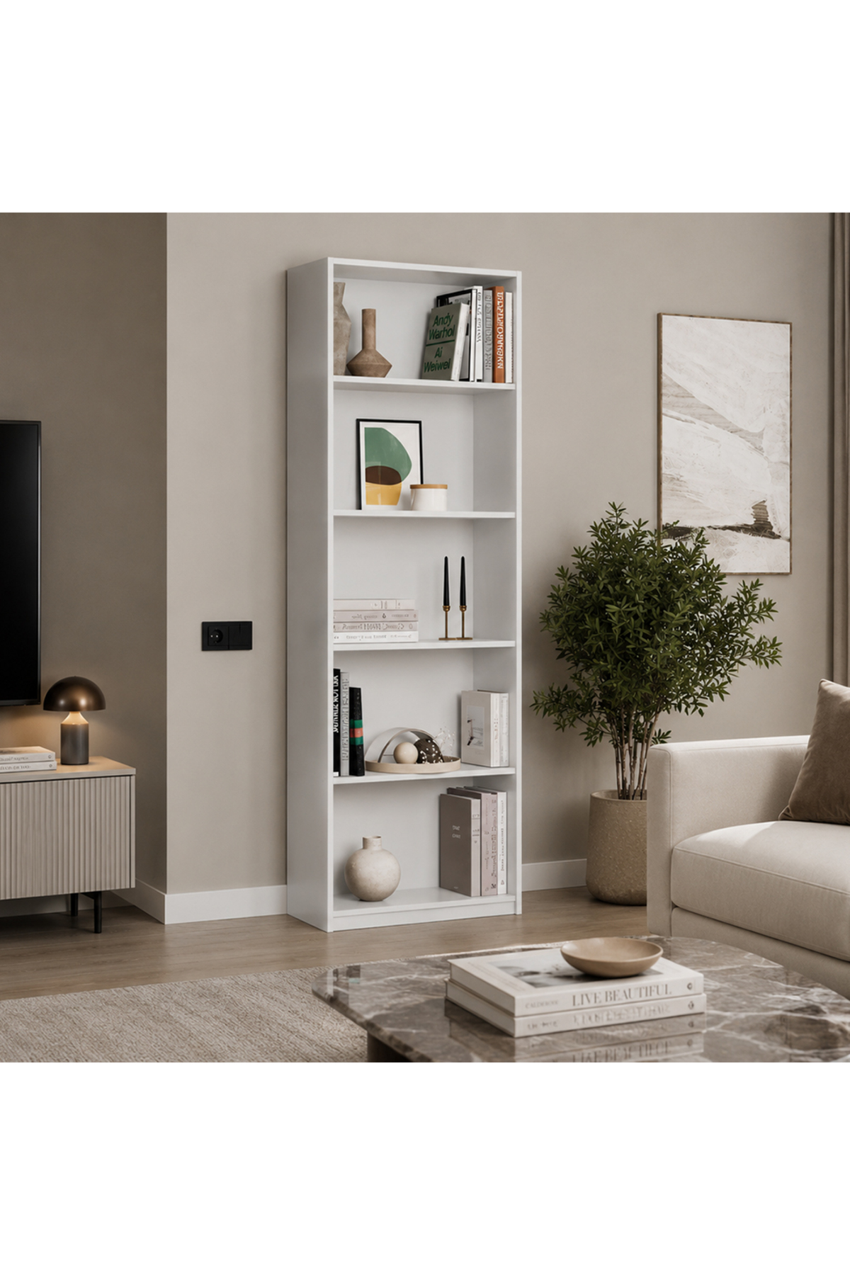 Max 5 Shelf Bookshelf - Matt White 58x170x23 Cm (WXHXD)