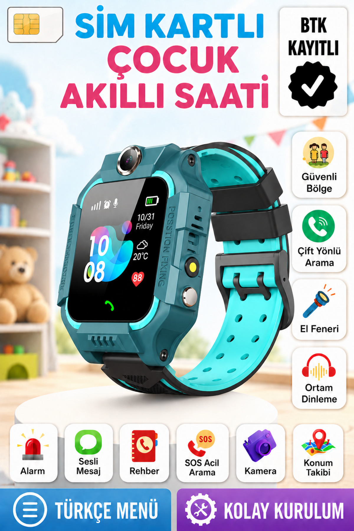 Smart Kids Watch Compatible Sim Card And Lbs Location Feature Recorded Voice Call Live Tracking