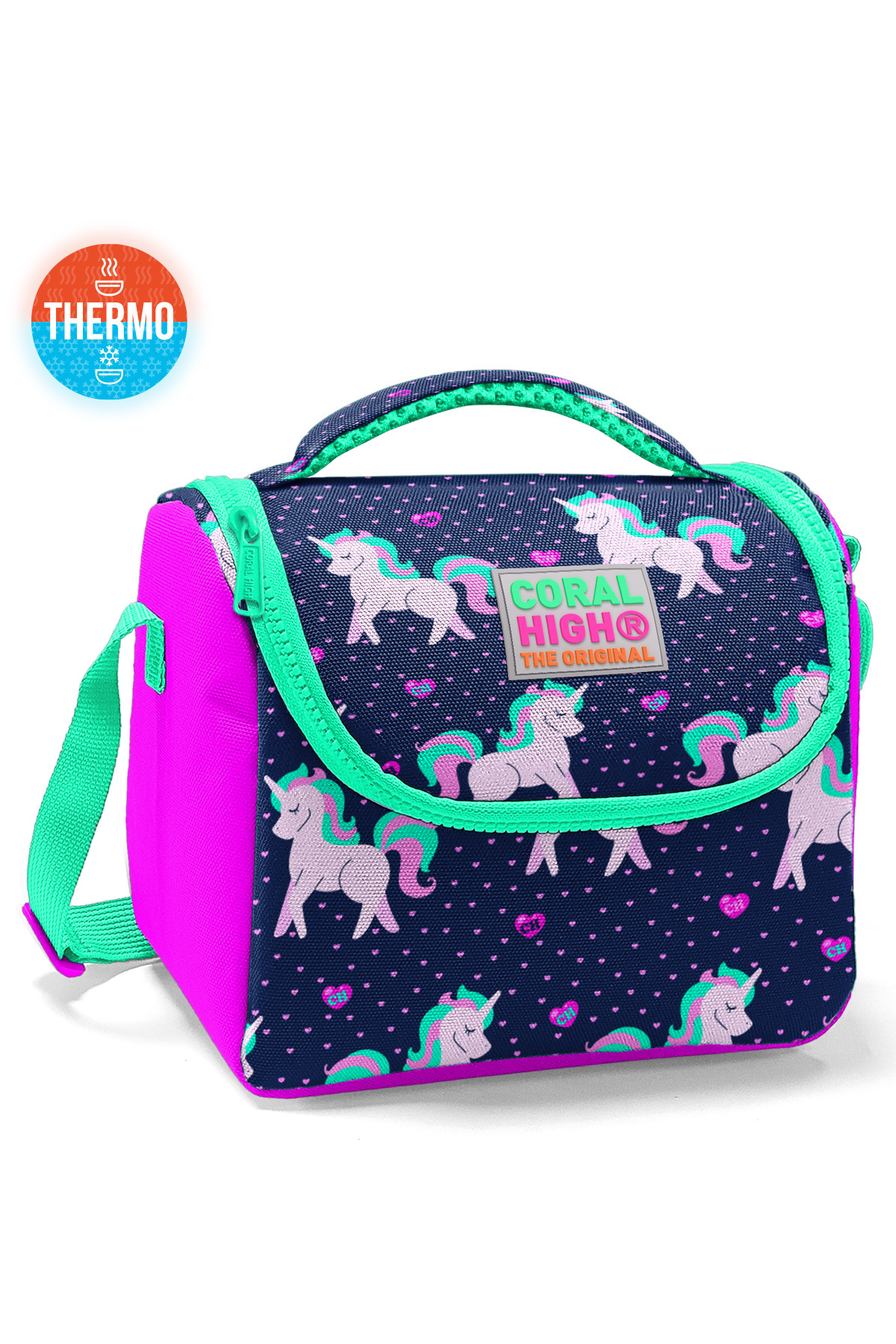 Kids Navy Blue Pink Unicorn Patterned Thermo Lunch Bag