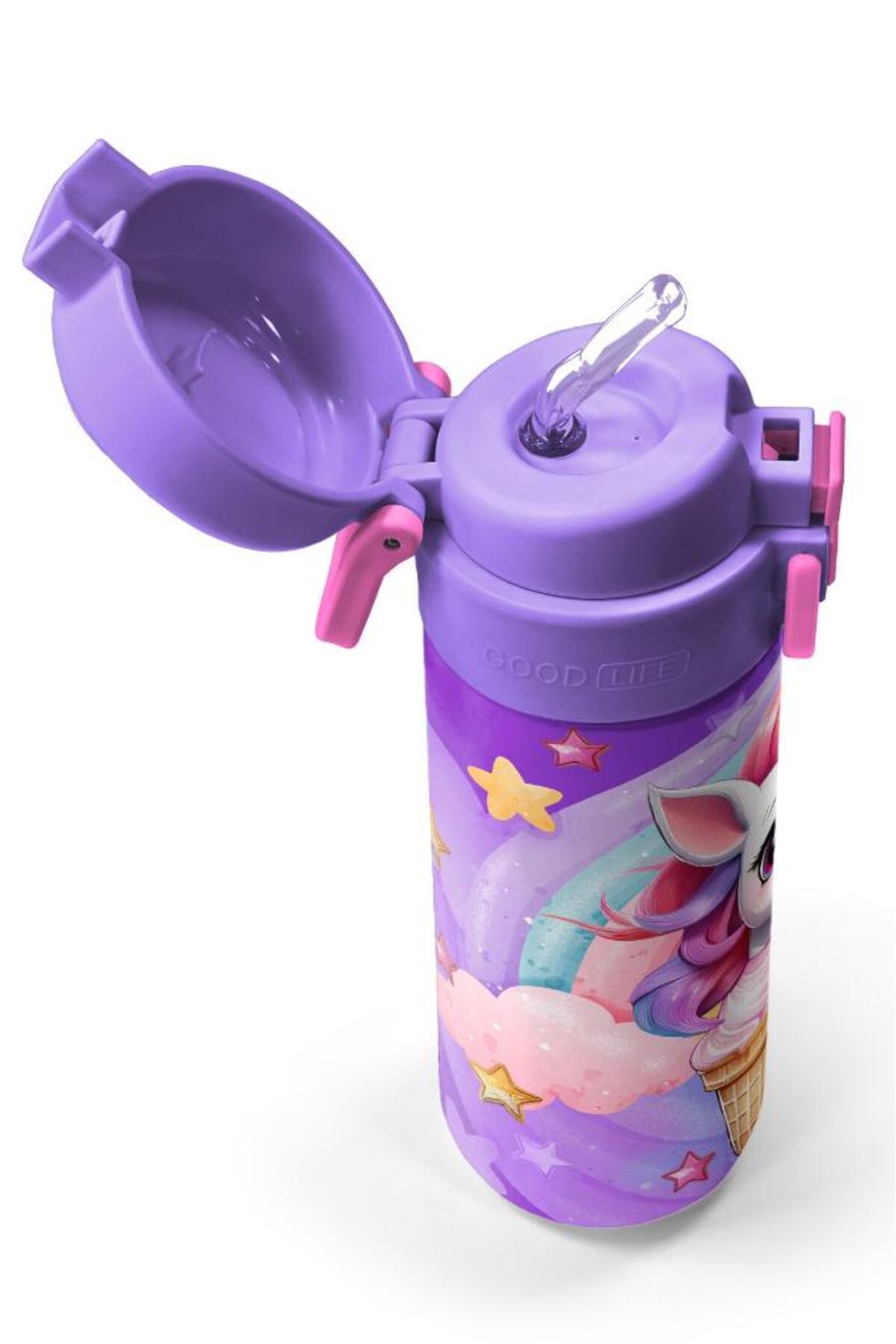 Kids Mor Pembe Unicorn Dondurma Desenli Pipetli ve Direkt İçim Çelik Termos 500 ml 31859