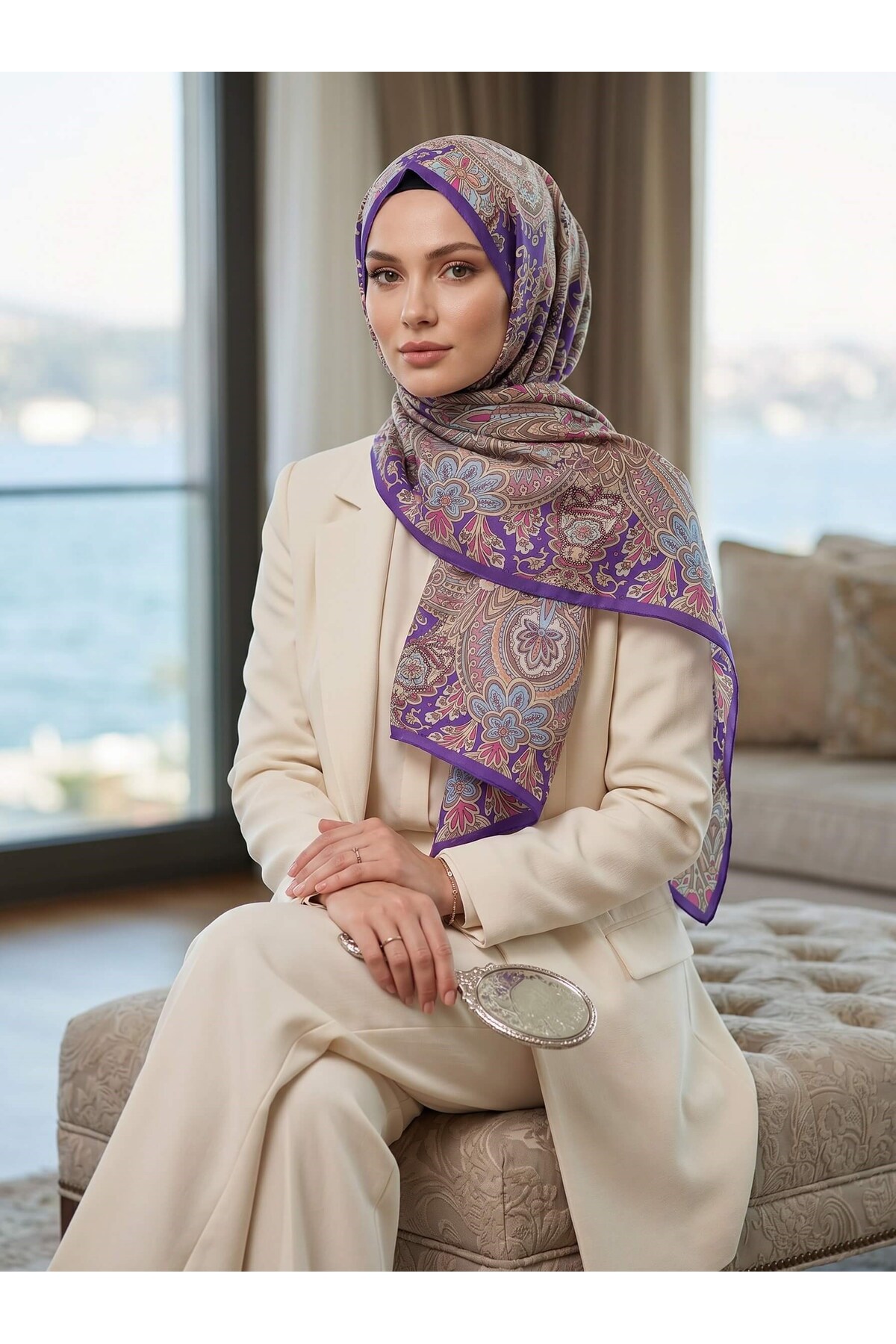 Vissona %100 Saf İpek Şal İnce Saten Vual Dokuma Etnik Desenli Mor - İndigo Renkli 90x210 Şal görsel 3