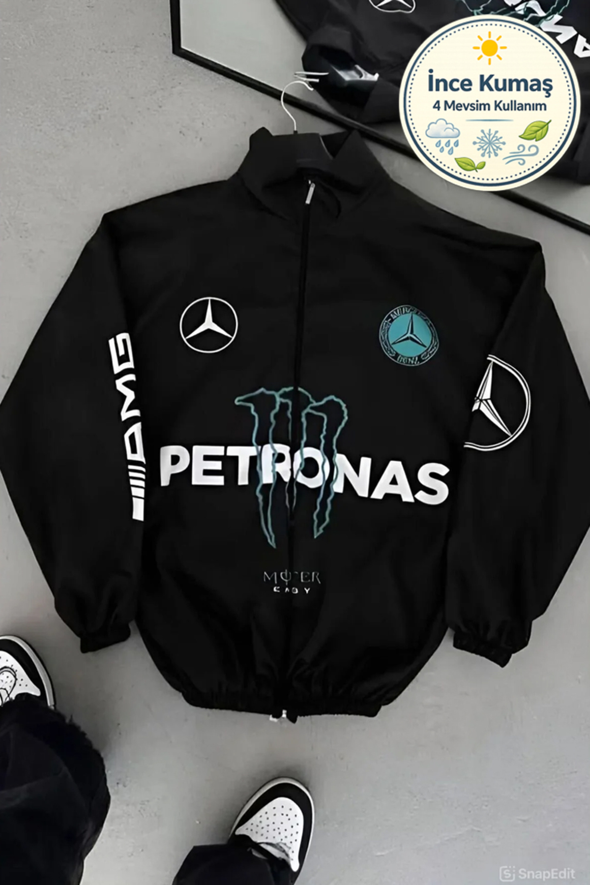 Lushen Mercedes Unisex Paraşüt Kumaş Oversize Dijital Baskılı Siyah Rüzgarlık Yağmurluk İnce Ceket