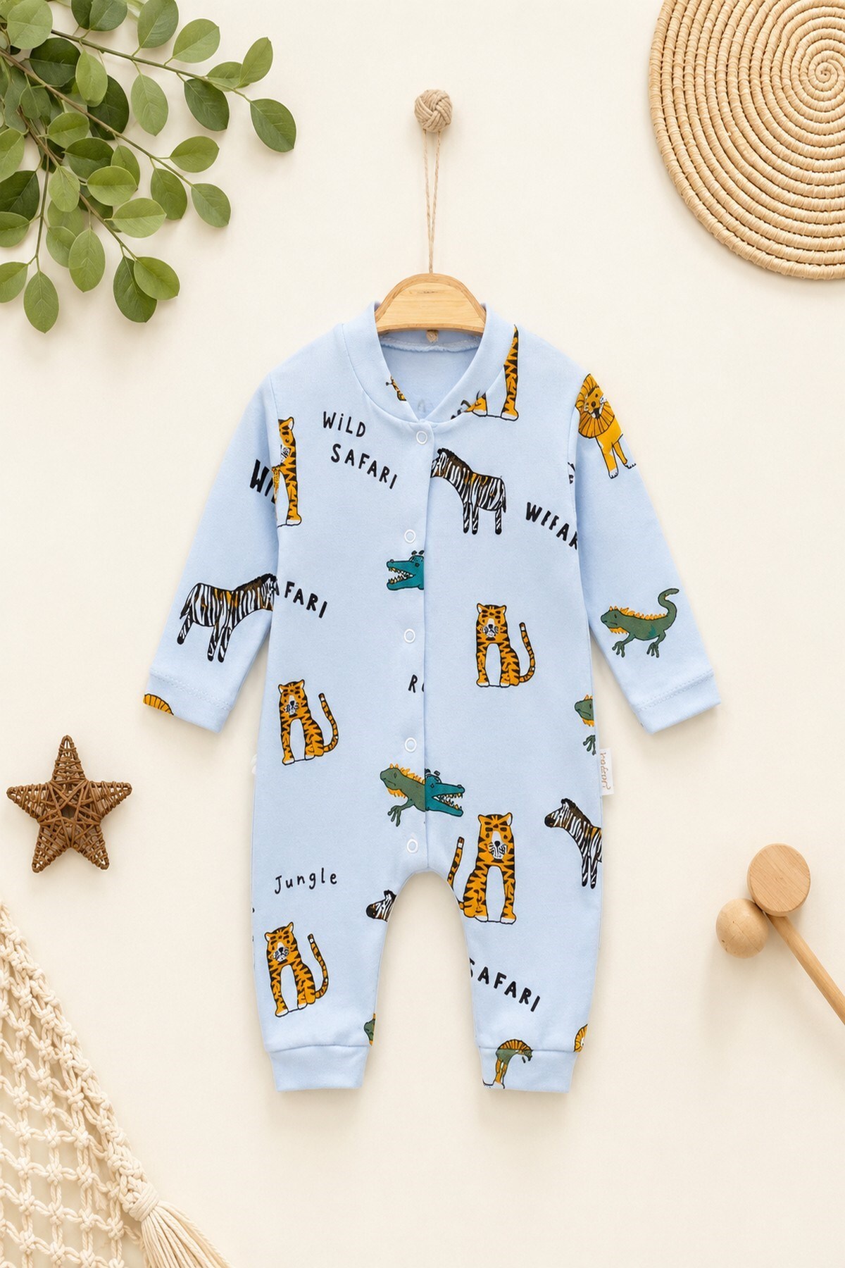 Newborn Baby Safari Printed Snap Fastener Newborn Baby Jumpsuit Unisex 100% Cotton Flexible 1-3-6 Months
