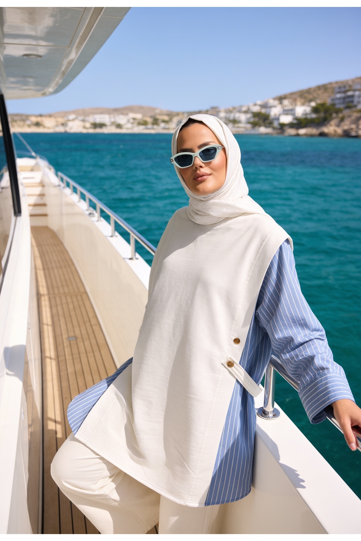 Aselim Hijap Moda Liora Women's Modest Two-Piece Set – Cotton Double Yarn Shirt Detailed-Ecru