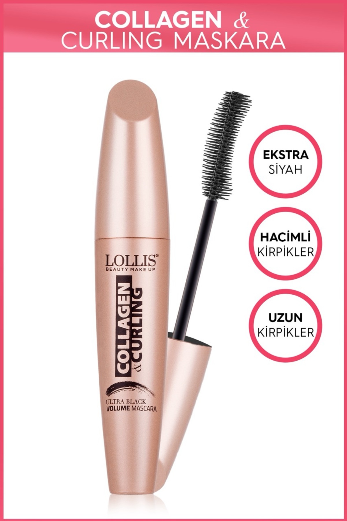 Lollis Collagen & Curling Ultra Black Volume Mascara, Kirpik Besleyici Siyah Hacim Veren Kıvırıcı Maskara — مشکی collagen
