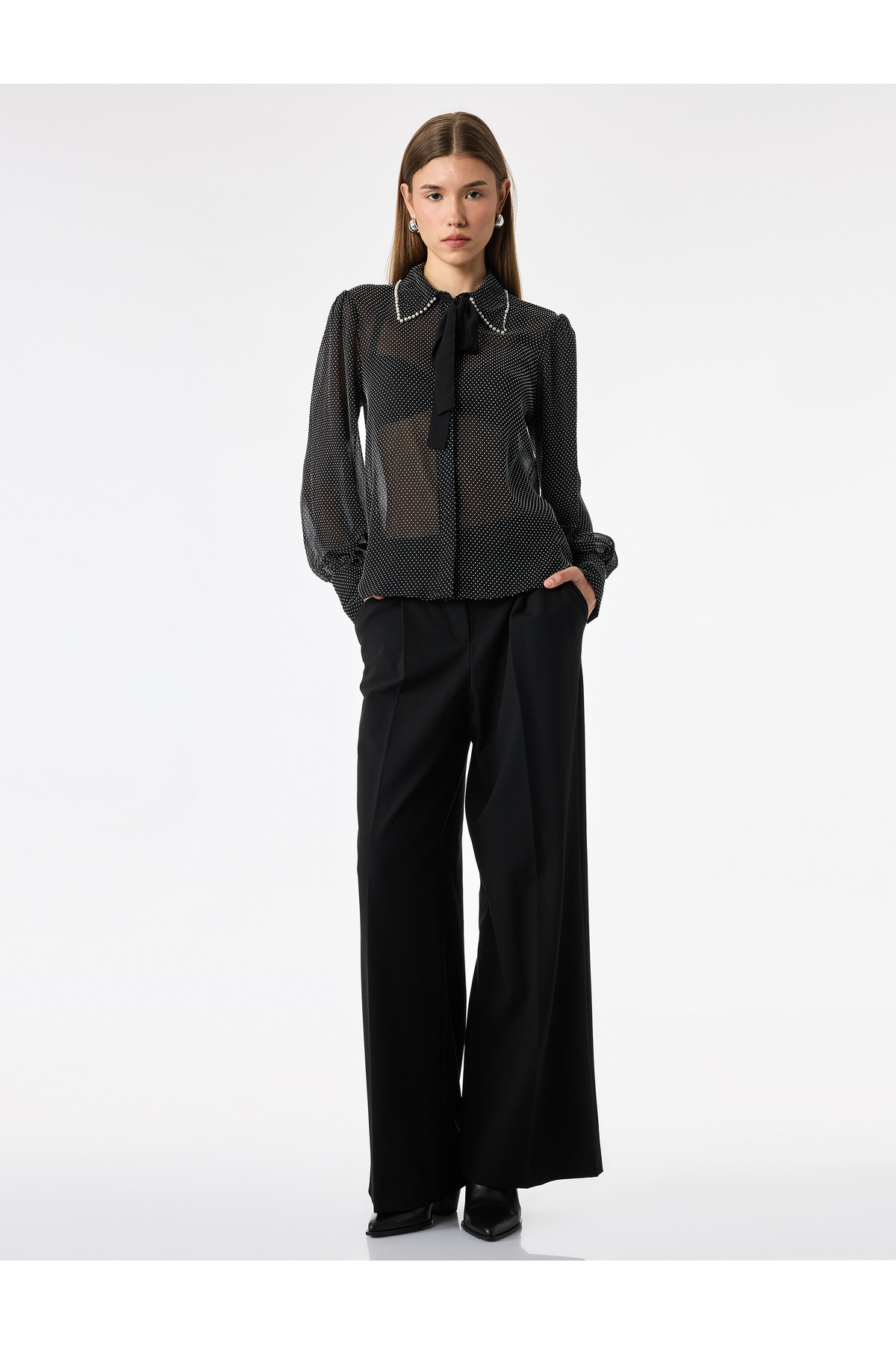 Koton Tie-Back Pearl Detailed Collar Long Sleeve Polka Dot Chiffon Blouse