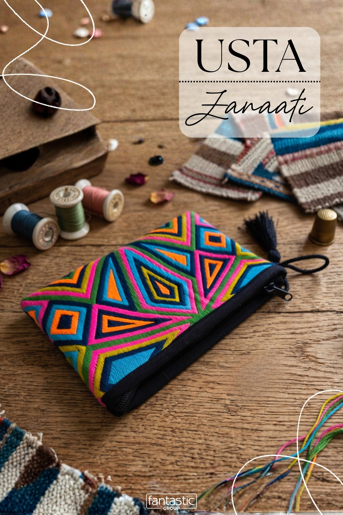 FANTASTIC El Yapımı Renkli Otantik Tribal Desenli Mini Çanta Bozuk Para Anahtar Kartlık Cüzdan (14.5x10 cm)
