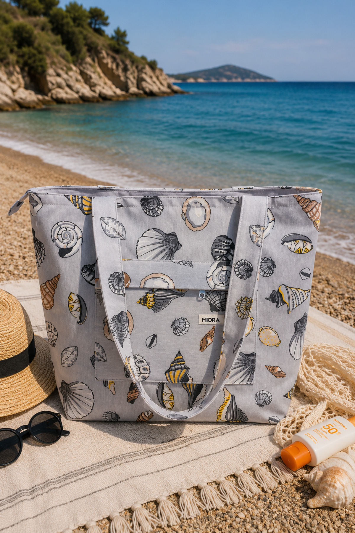 MIORA BAG Deniz Kabuğu Desenli Ön Cepli Plaj Çantası- Dış Cepli Duck Kumaş