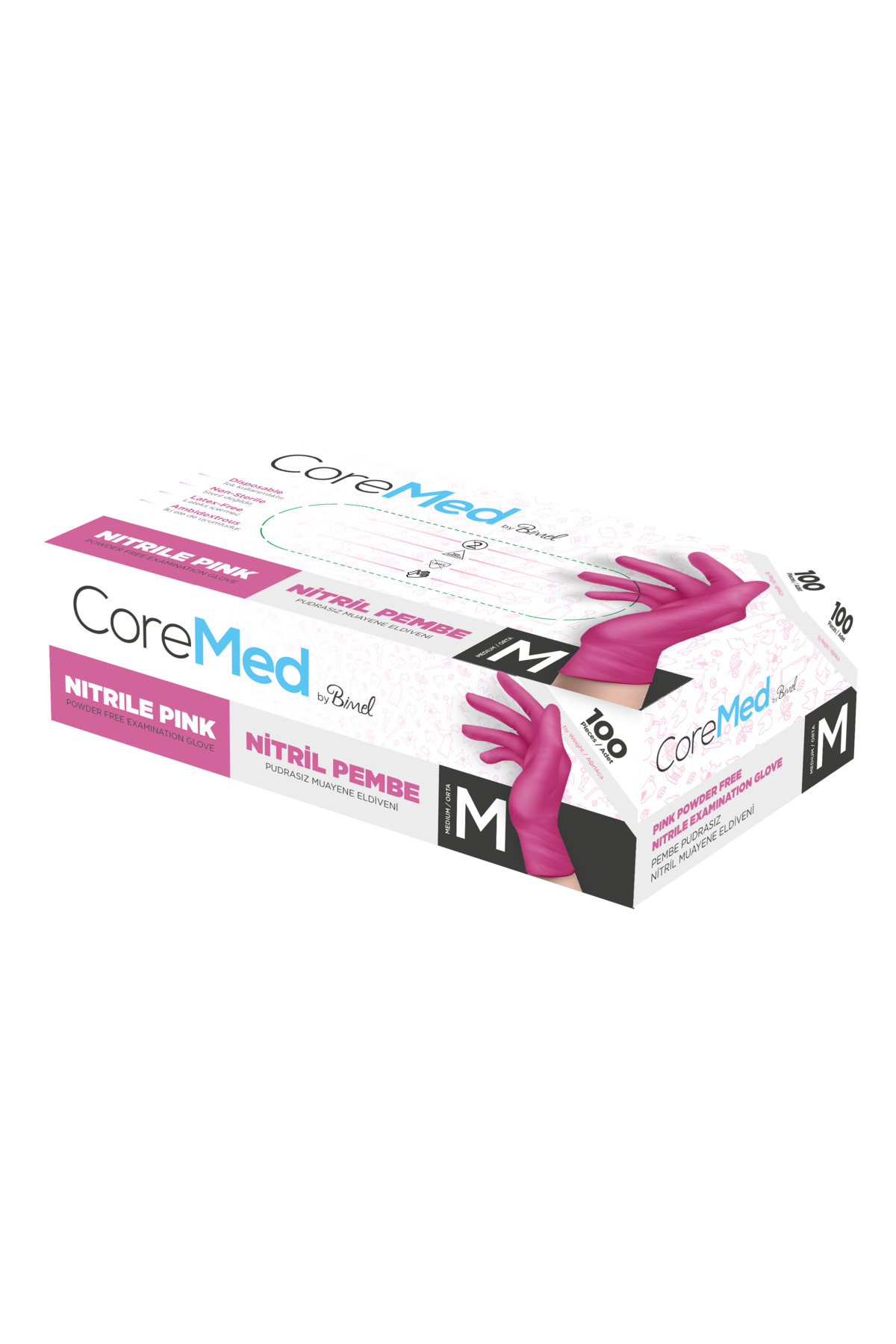 COREMED Pembe nitril pudrasız eldiven 100 lü Medium görsel 2