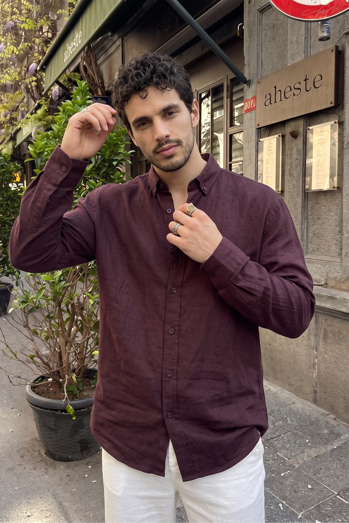 Napas Erkek Oversize Keten Görünümlü Mürdüm Gömlek — رنگارنگ 33003 — تصویر 5 از 7