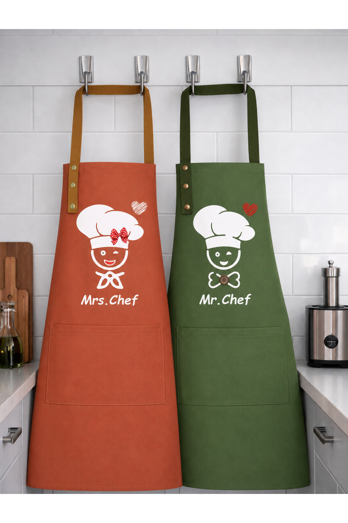 Kitchen Apron Set 2-Piece Stain-Resistant Water Repellent Fabric Chef Dowry Pocket Khaki & Tile Color Apron