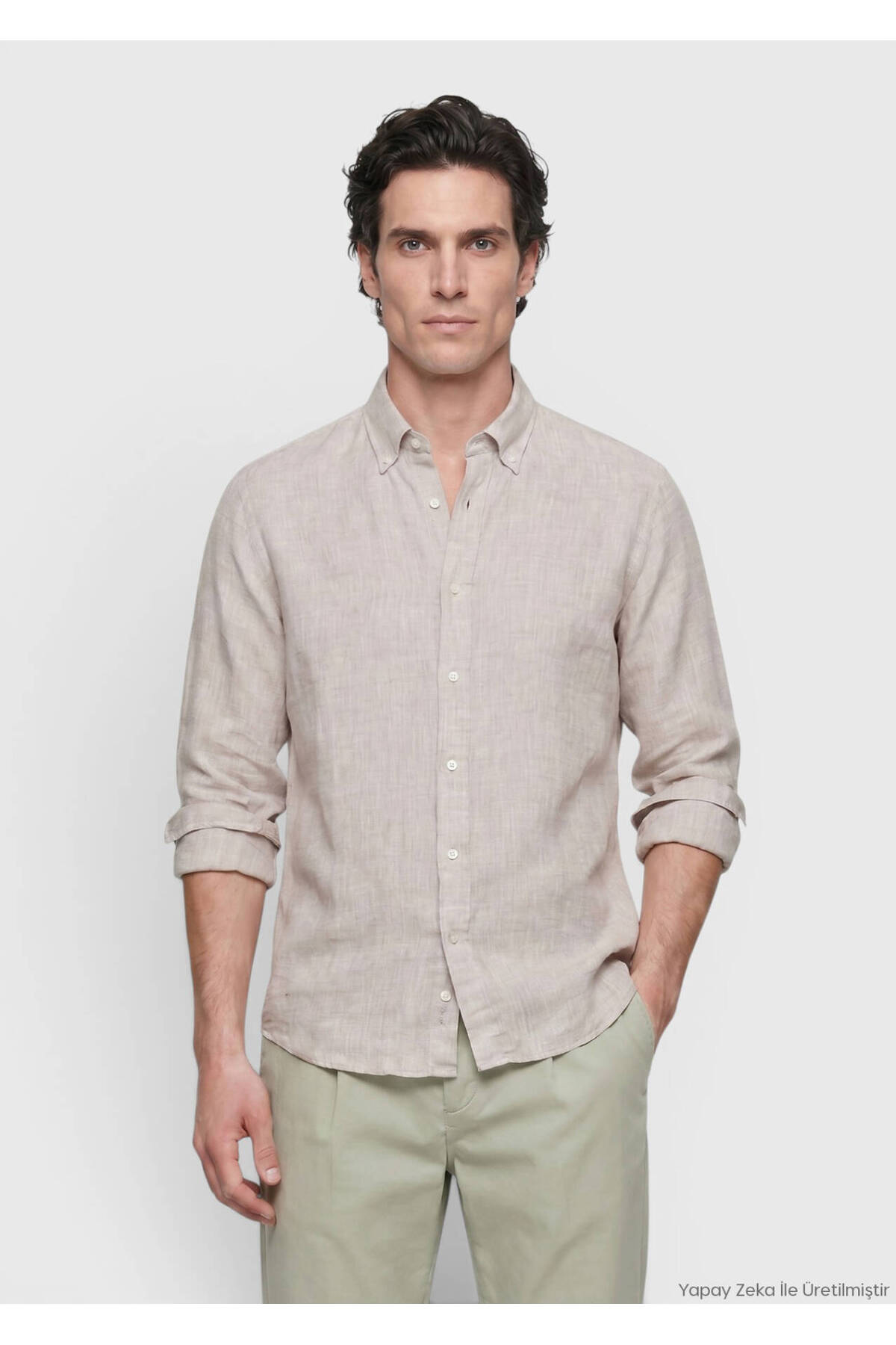 Ramsey Beige Plain Casual Fit Long Woven Casual 100% Linen Shirt