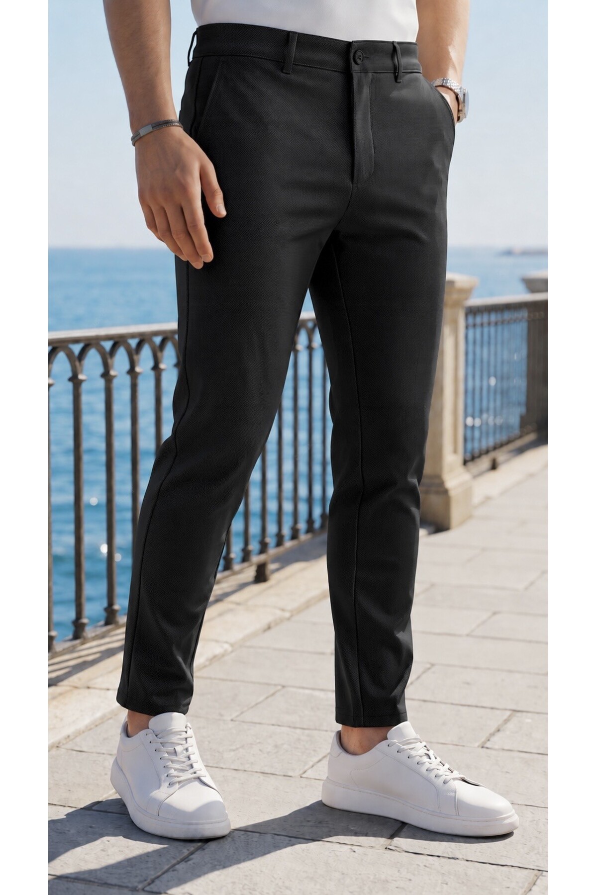 Gussi Erkek Siyah Renk Kaliteli Esnek Likralı Slim Fit Keten Pantolon görsel 3