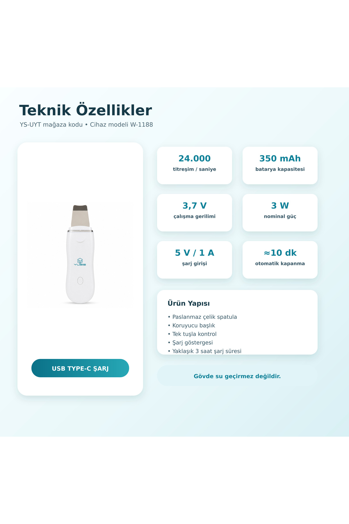 Ultrasonik Yüz Temizleme Spatulası, 24.000 Titreşim, Siyah Nokta & Gözenek Temizleyici, Şarjlı, Paslanmaz Uç — سفید YS-UYT — تصویر 6 از 9