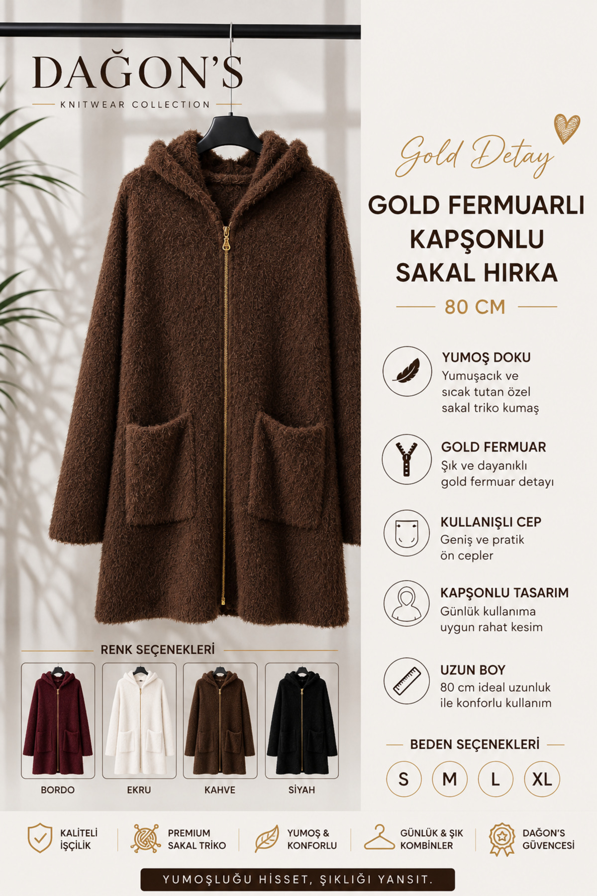 DAĞON'S Gold Fermuarlı Kapşonlu Kadın Sakal Uzun Hırka 80 Cm görsel 2
