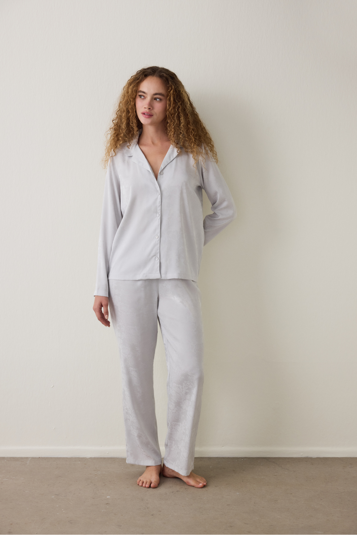 Penti Light Gray Roses Satin Long Sleeve Shirt Collar Pajama Set