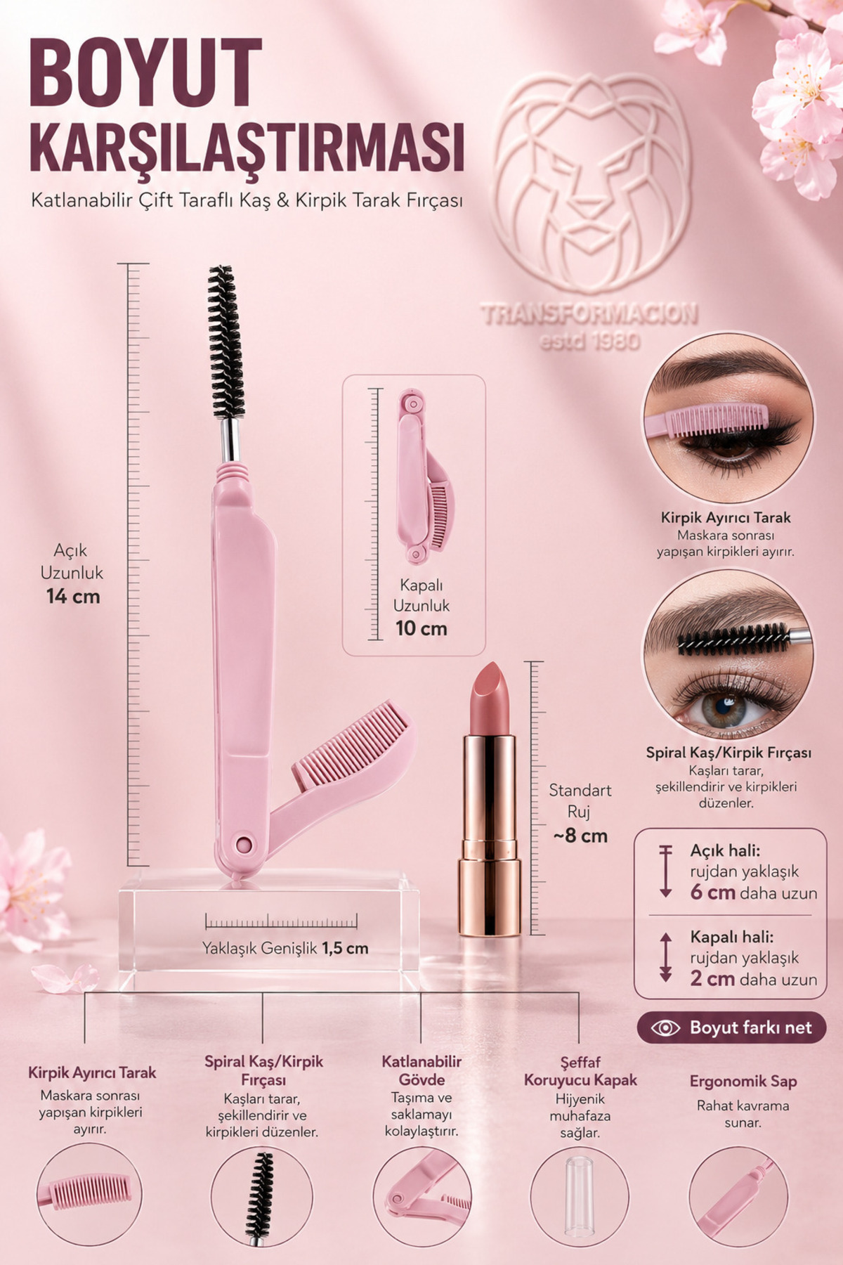Kirpik Fırçası Kaş Tarağı Kaş ve Kirpik Fırçlı Tarak Katlanabilir Kaş Kirpik Maskara Ayırıcı Tarak Fırça Aparatı 14 cm 721402 — مشکی — تصویر 7 از 7