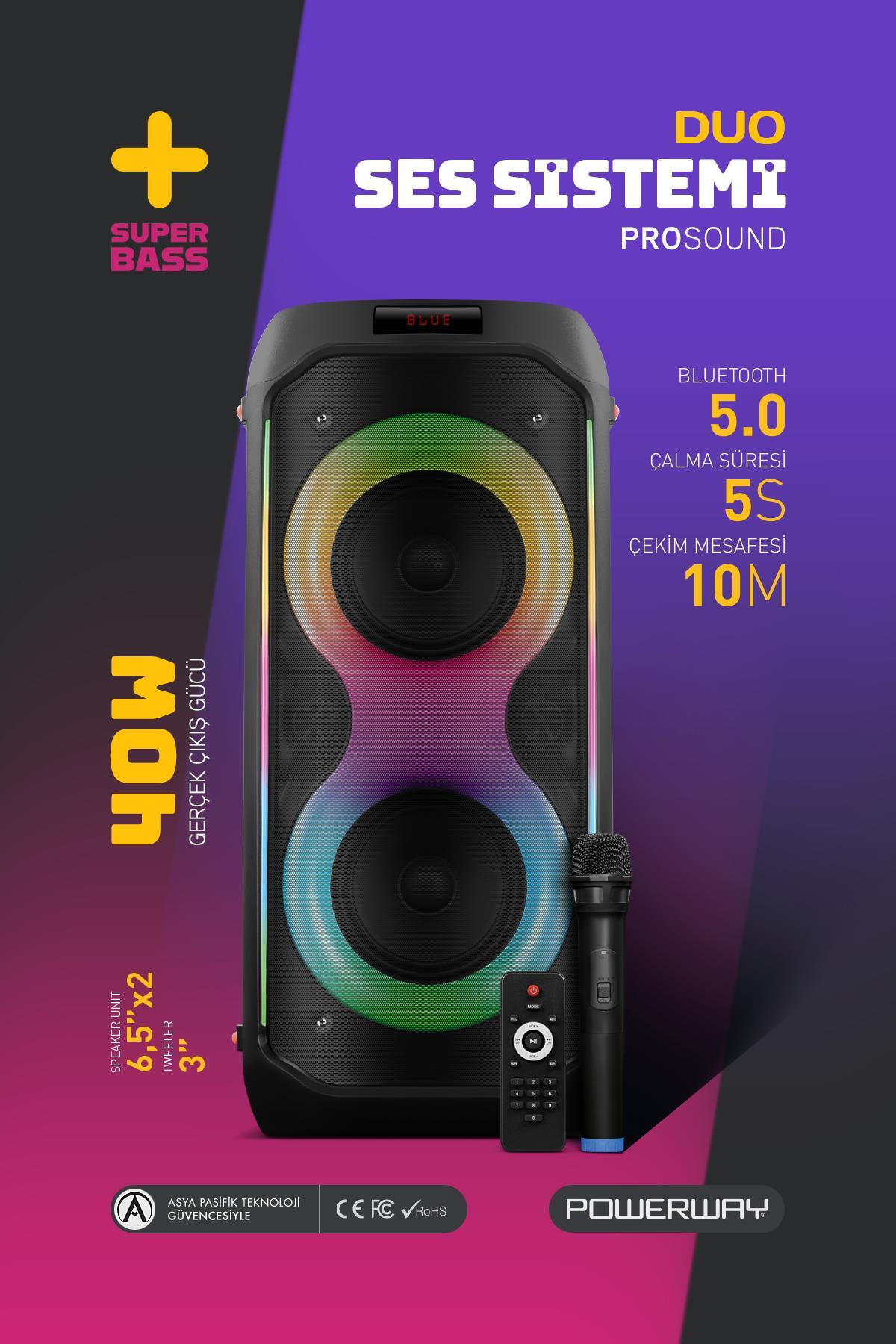 Powerway DUO XL Taşınabilir Mikrofonlu 20x2 W Karaoke Ses Kayıt
