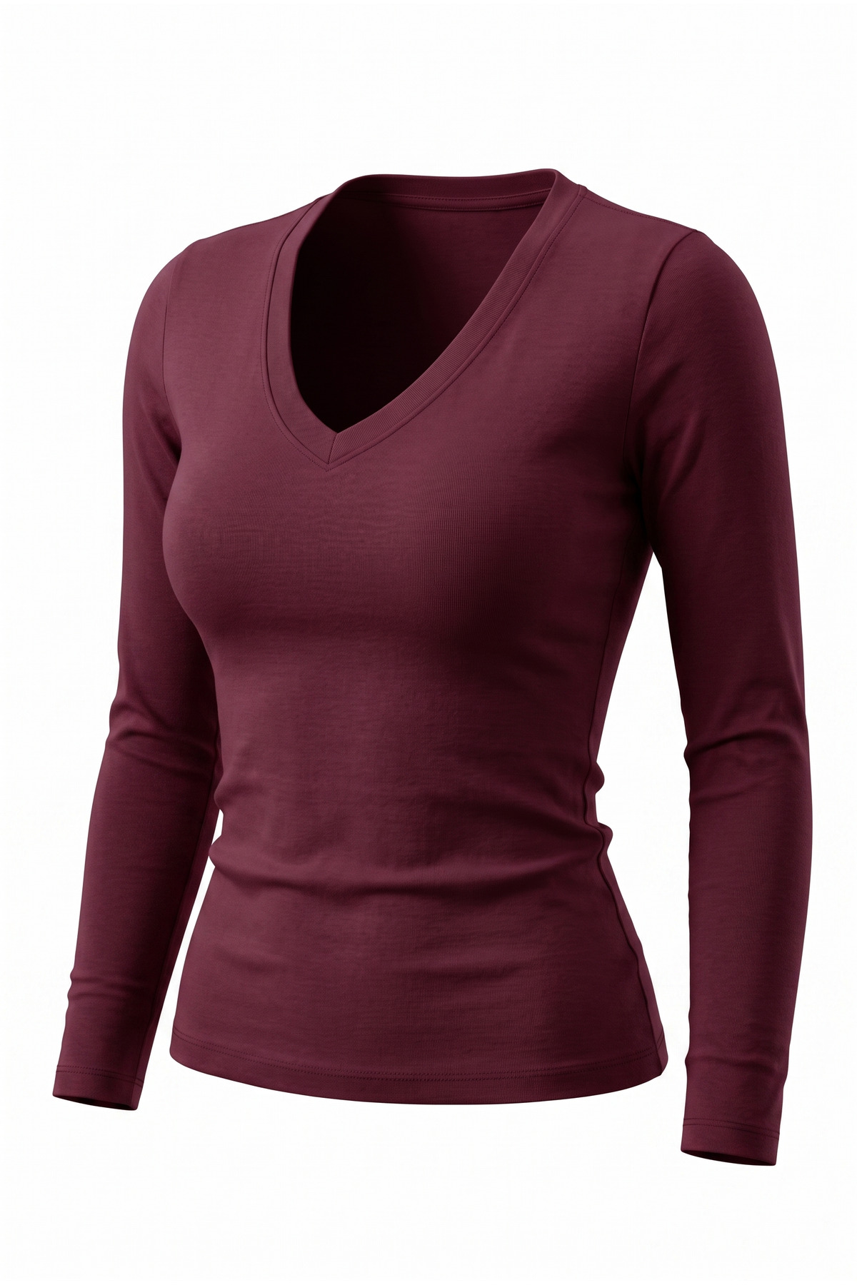 Nuzrk kids Kadın Bordo Pamuklu Ultra Soft Vücudu Saran Esnek Slim Fit Uzun Kollu Likralı V Yaka Basic Bluz T-Shirt görsel 2