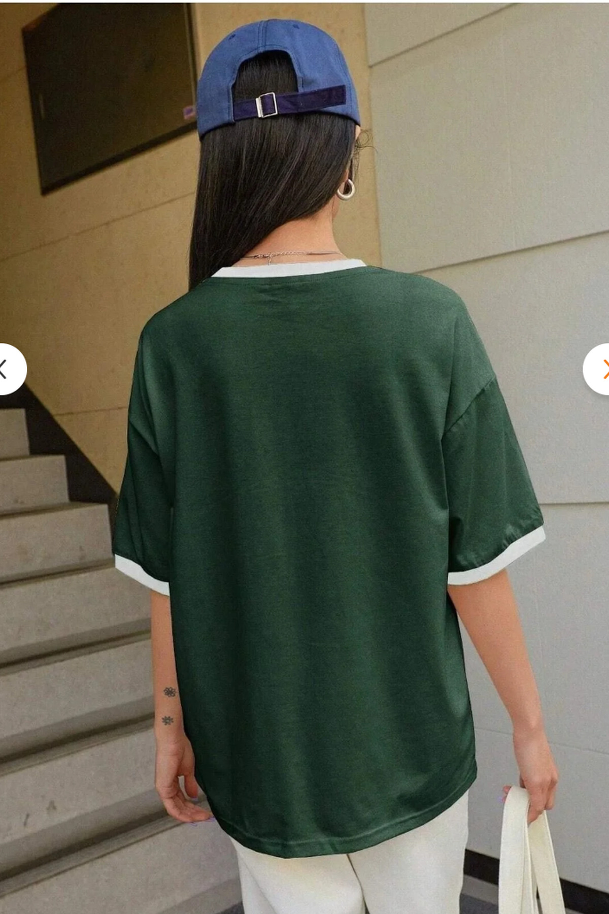 CLAYES Nefti Yeşil Gövde Beyaz Biyeli T-shirt - Oversize Bisiklet Yaka Kısa Kol Tişört görsel 5