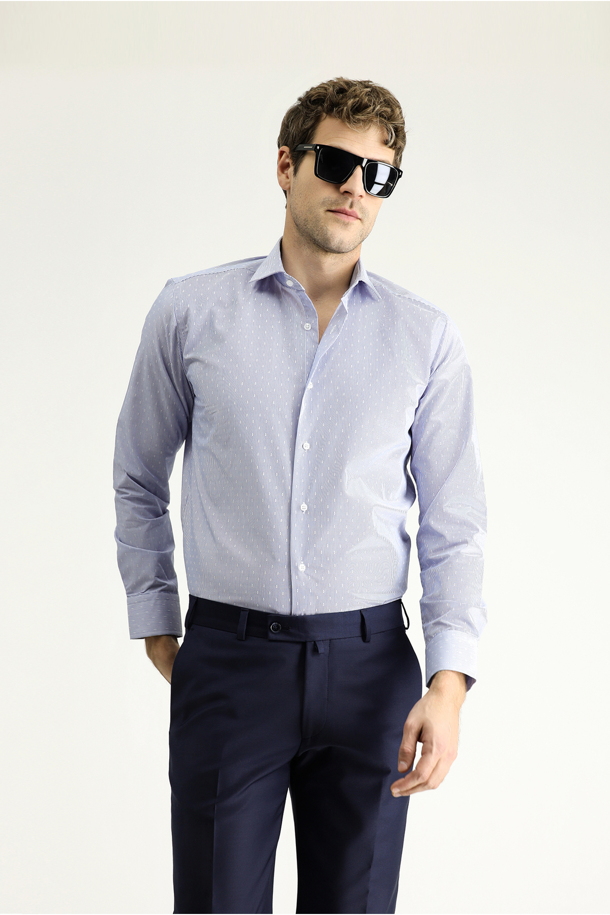 Kiğılı Uzun Kol Slim Fit Dar Kesim Non Iron Klasik Desenli Pamuklu Gömlek — آبی 599358