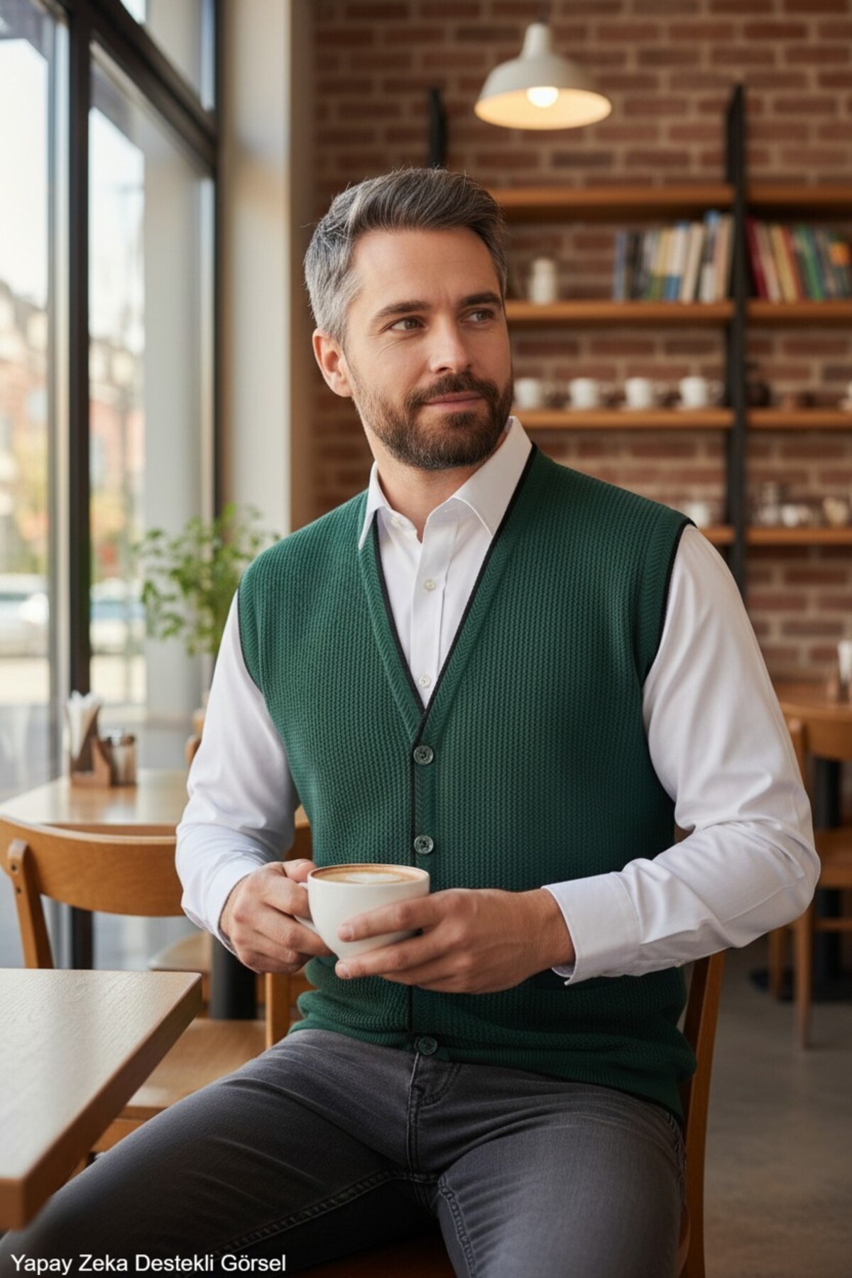 Kamalı Erkek Nefti V Yaka Triko Düğmeli Cepli Çizgi Desenli Regular Fit Tüylenmeyen Örgü Yelek görsel 4