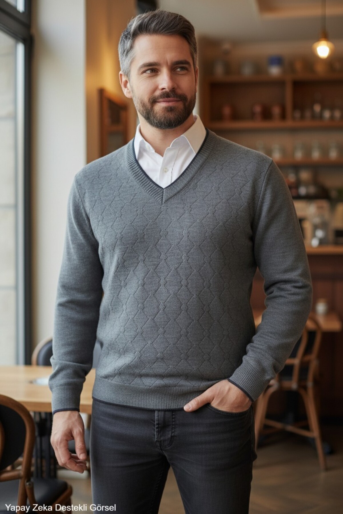 ژاکت بافتنی با یقه V-Neck Standard Fit — خاکستری kml501vyaka — تصویر 4 از 8