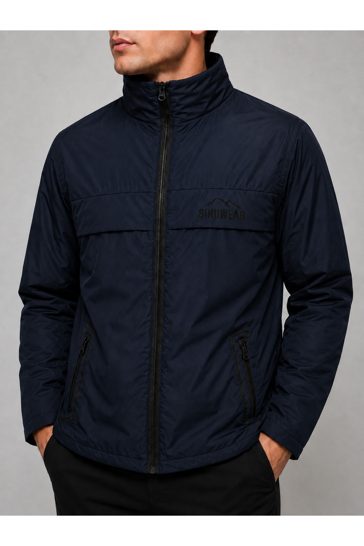 Sınwear Erkek Lacivert Baharlık Su ve Rüzgar Geçirmez Mont Dik Yaka Mevsimlik Fermuarlı Spor Outdoor Ceket görsel 4