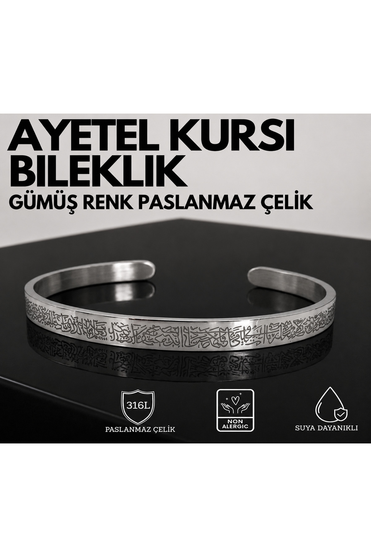 Miyoste Gümüş Renk Ayarlanabilir Ayetel Kürsi Bileklik Ayarlanabilir Maneviyat Bilekliği