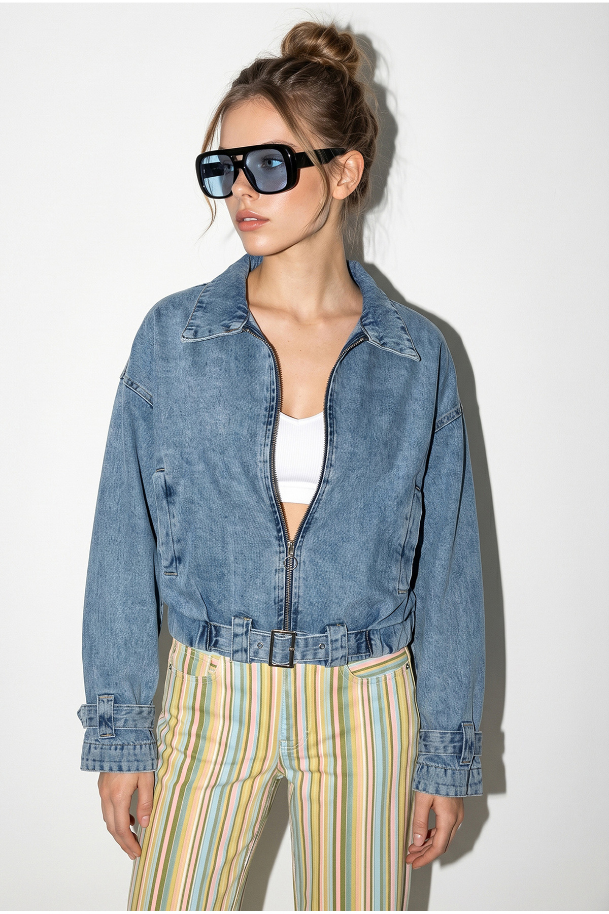Bianco Lucci Kadın Buz Mavisi Fermuarlı Kemer Detaylı Oversize Denim Ceket 3667 60286206 görsel 5