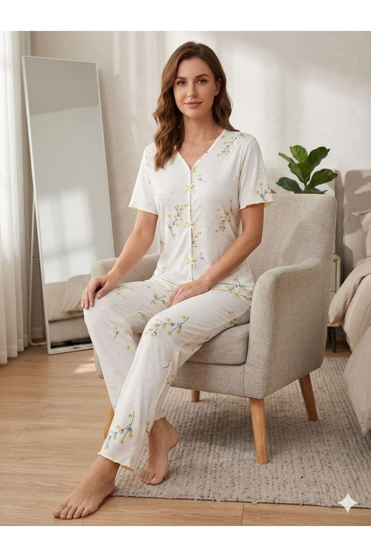 FAMES PİJAMA Summer Lycra Women's V-Neck Bow-Decorated Pajama Set