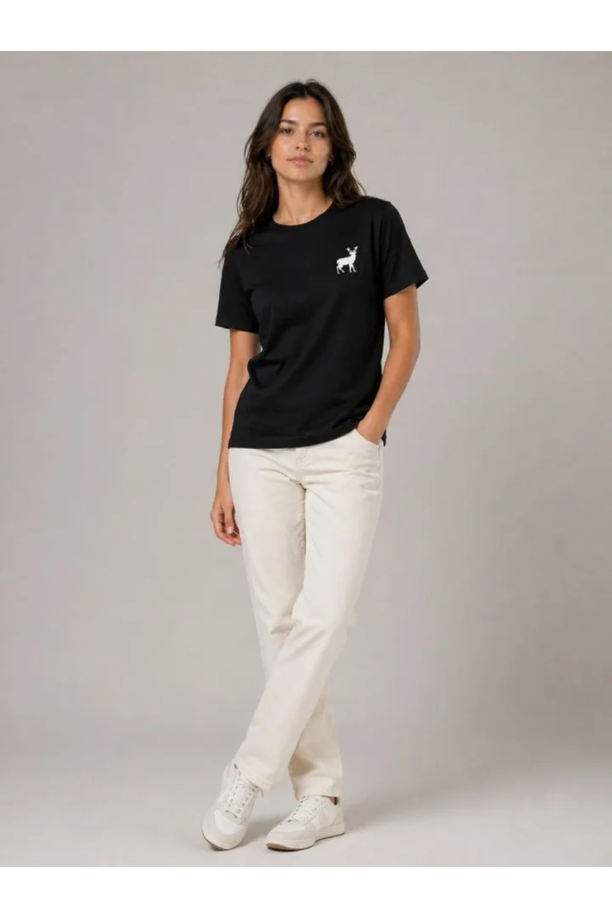 Minimal Geyik Logolu Tişört Bisiklet Yaka Kısa Kol Yazlık T-Shirt - Siyah alternatif görünüm