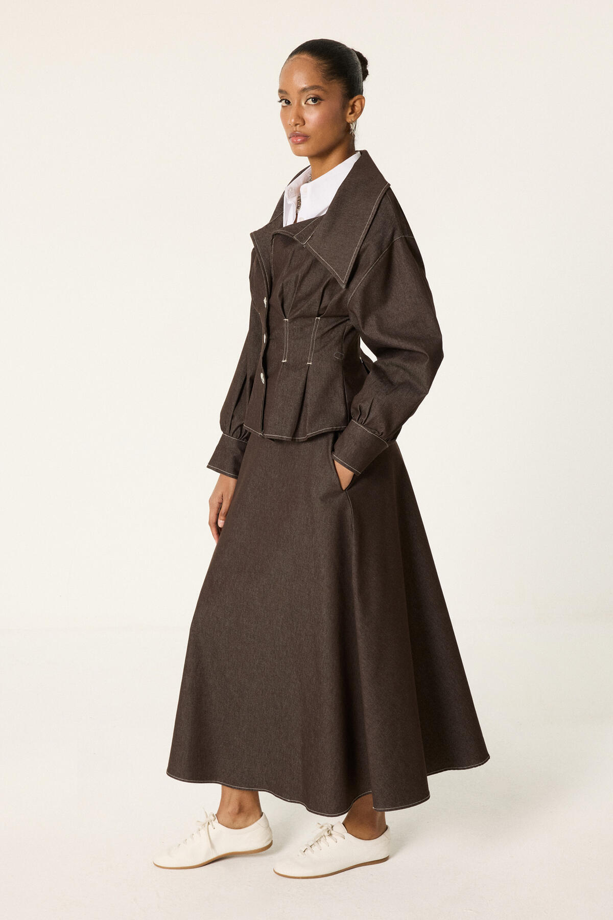 Touche Prive Wide Collar Waist-Tie Denim Jacket Skirt Set- Trendyol