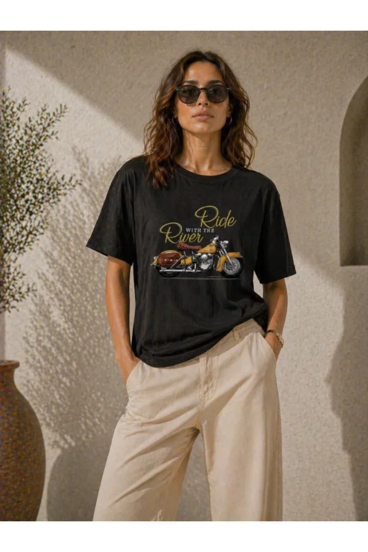 Motosiklet Baskılı Tişört Bisiklet Yaka Kısa Kol Yazlık T-Shirt - Siyah