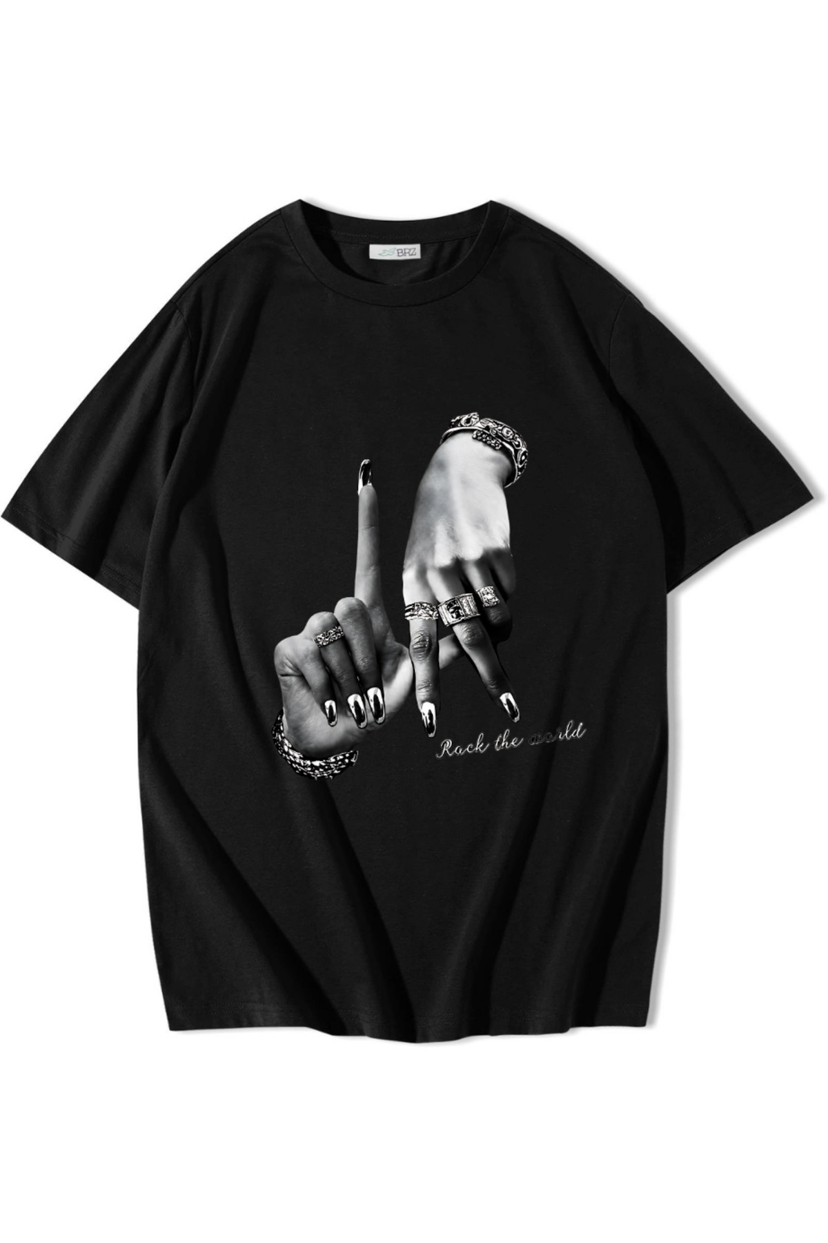 BRZ COLLECTION Unisex Oversize Rock The World T-shirt Siyah