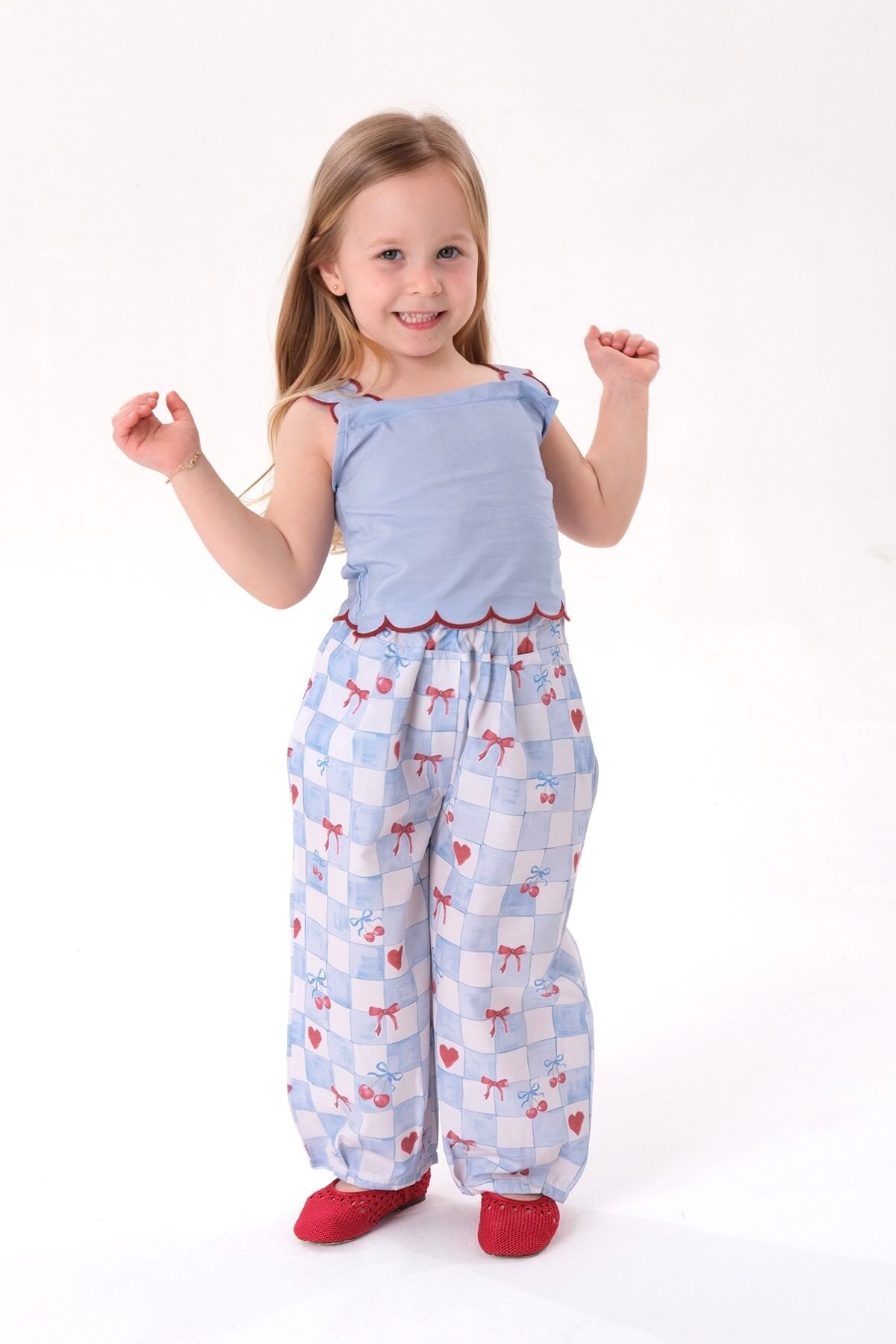pretty young things Cherry Patterned Blue Red Embroidery Detailed Girls' Summer Top and Bottom Set