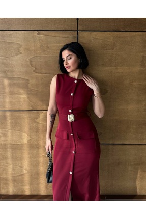 qeteen Gold Toka Detaylı Kolsuz Blazer Stil Midi Elbise