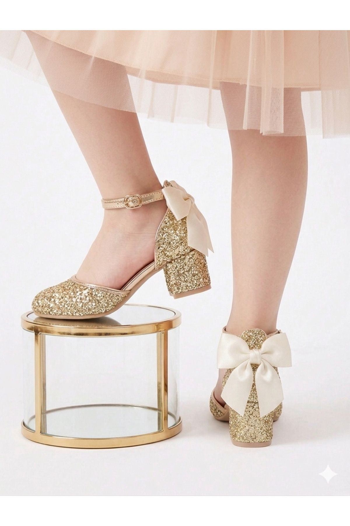 GIRL SPARKLY SHINY GOLD COLOR CHIC EVENING SHOES WITH BOWTIE AND COMFORTABLE HEELS