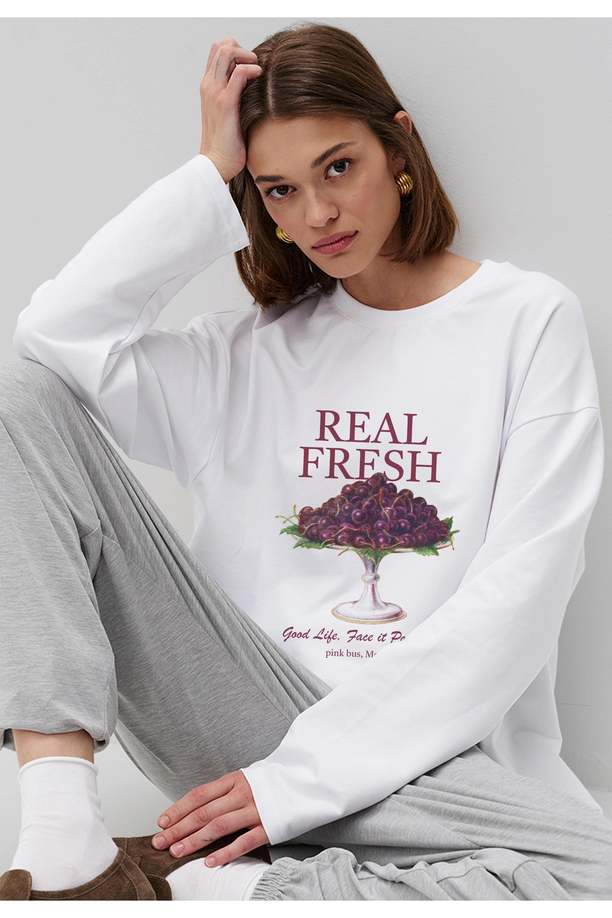 White Printed Hijab Suitable Long Sleeve Cotton T-Shirt
