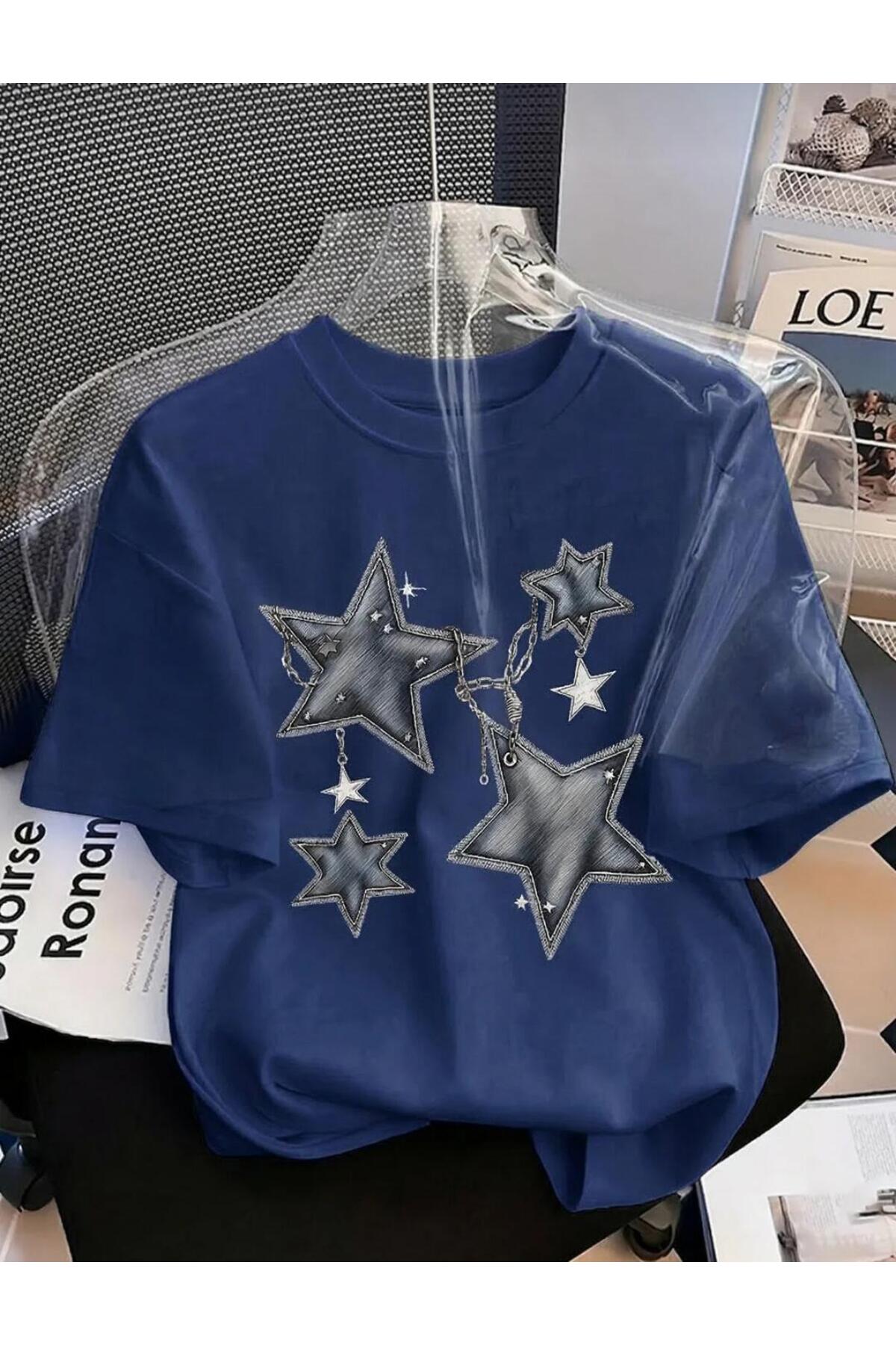 women's Star Printed Cycling Neck Basic T-Shirt