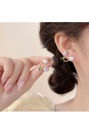 Glamluxe Stil Canlı Mor Lale Küpe - İncili ve Kristal Detaylı Şık Kadın Takısı